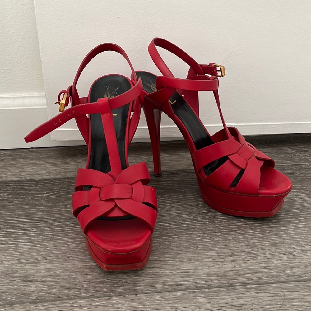 YSL Tribute Leather Platform Sandal Heel